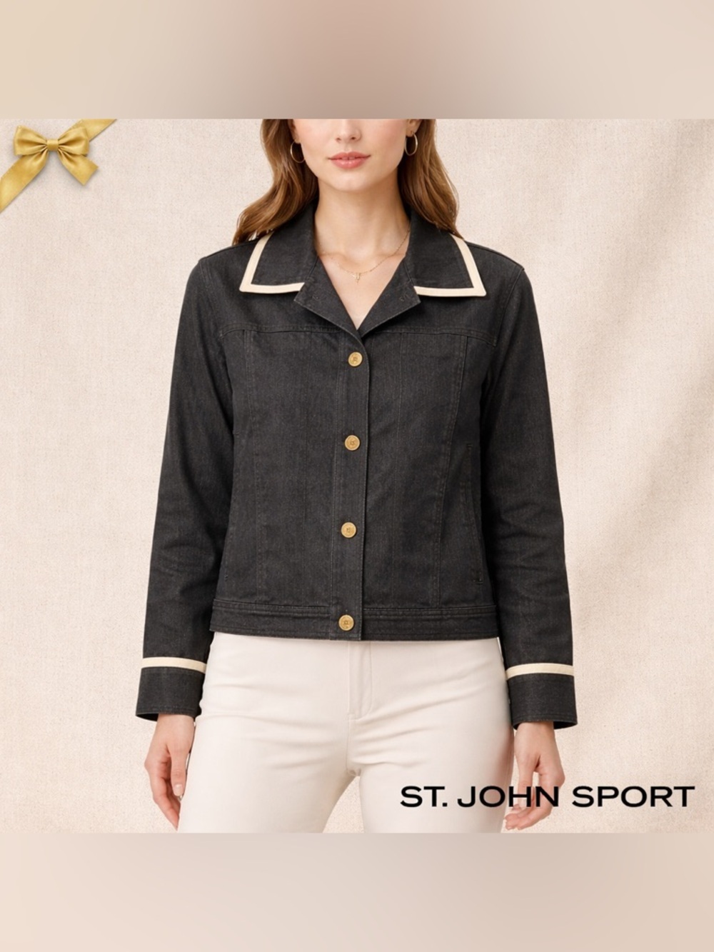 St John Sport By Marie Gray Black Denim Jacket Gold Button Trim Structured Small